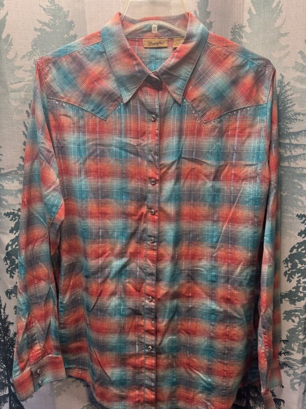 Wrangler Button Up Long Sleeve Metallic Plaid Rhinestone Blue Red Western XL